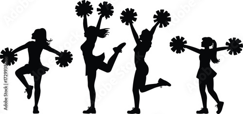 Cheerleader silhouette vector, energetic female poses, pom-poms action, sports spirit, dance movement, black flat icon, cad drawing flat vector illustration