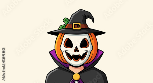 Halloween pumpkin head character wearing a witch hat and cloak illustration, spooky festive seasonal costume for autumn celebration