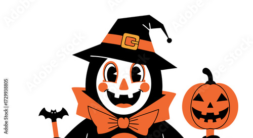 Spooky Halloween character dressed as a witch with a pumpkin and bat, celebrating the thrilling holiday