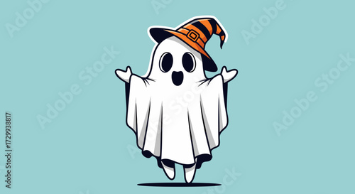 A Whimsical Cartoon Ghost Wearing a Striped Halloween Witch Hat, Floating and Waving with Joyful Expression on a Pastel Blue Background