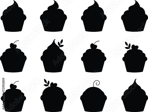 Cupcake silhouette vector, dessert icon set, sweet treat illustration, bakery graphic design, cad drawing flat vector illustration, pastry clipart
