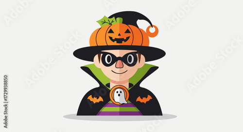 Happy Halloween cartoon character dressed as a vampire with a pumpkin hat, perfect for seasonal decorations and spooky party invitations