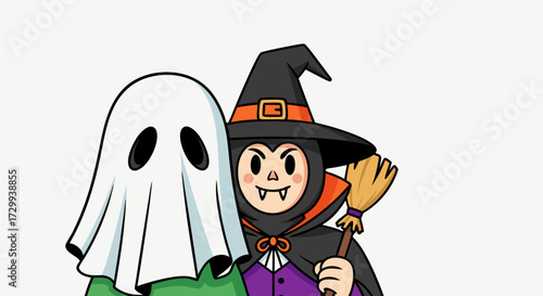 Cute cartoon illustration of a child in a ghost costume peeking from behind a child dressed as a vampire holding a broom, celebrating Halloween
