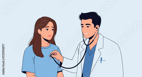 Doctor examining a young woman with a stethoscope, representing a medical check-up and healthcare services in a professional clinic setting
