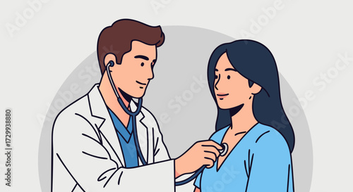 Doctor examining a female patient with a stethoscope, promoting healthcare, medical consultation, and well-being
