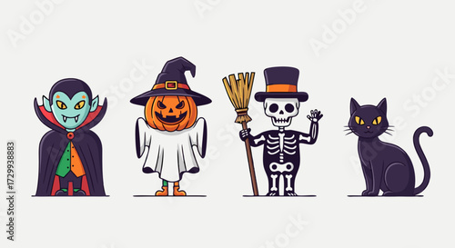 Halloween cartoon characters set Dracula, pumpkin, skeleton, and black cat, perfect for festive decorations and holiday designs