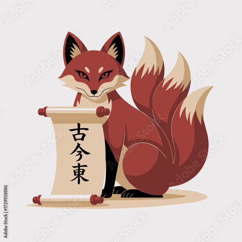 Fox spirit messenger, clever red kitsune holding scroll, folklore inspired logo, elegant Asian style illustration, vector artwork
