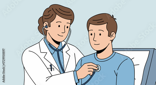 A doctor listens to a young patient's heart with a stethoscope, representing a healthcare consultation and medical check-up in a clinic setting