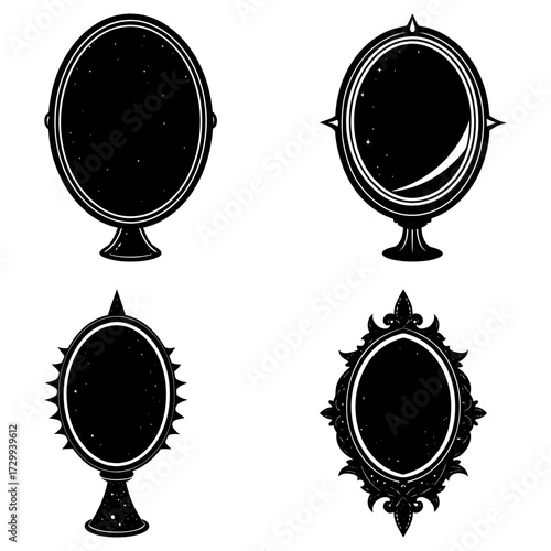Four vintage style oval mirrors with different ornate frames in a black and white illustration design