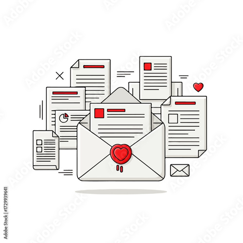 Flat line art illustration of an open envelope with a heart wax seal, representing love letters, newsletters, or important business correspondence