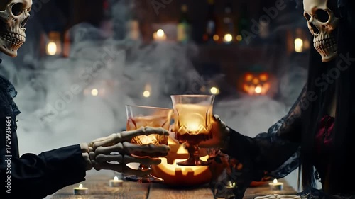 Two skeletons in grim reaper costumes making a toast with drinks during a spooky Halloween party celebration