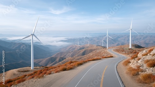 Wind Turbine Farm Renewable Energy Cinematic Hdr Landscape with Winding Road and Autumn Foliage in Rolling Hills Under Cloudy Blue Sky