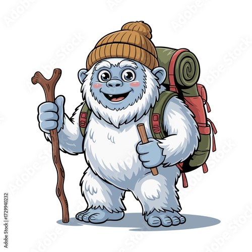 smiling yeti traveler, orange knit beanie, hiking gear, trekking pole, alpine peaks, outdoor adventure mascot, playful cartoon vector