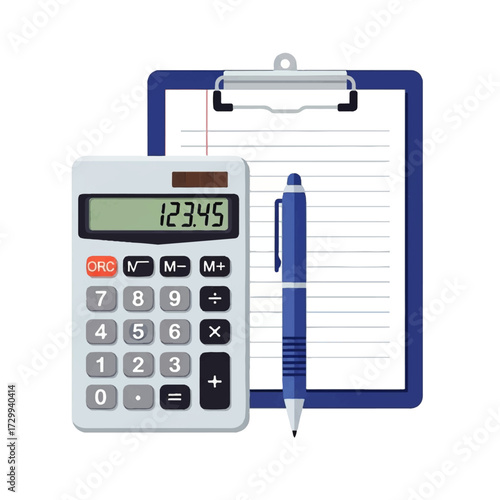 Calculator and clipboard with pen, symbolizing financial calculations, accounting, and business planning for accurate record-keeping and strategic decision-making