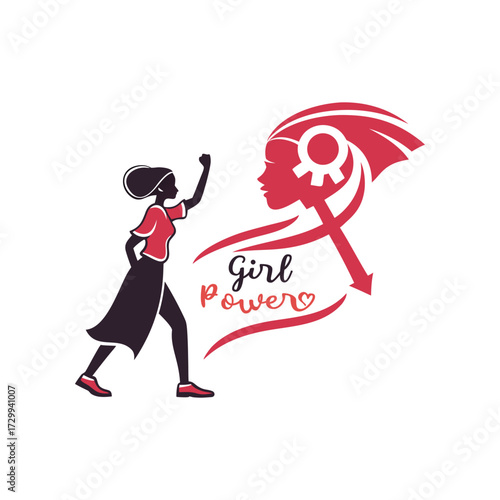 Empowered woman silhouette raising fist with girl power text and red ribbon symbol
