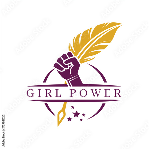 Fist holding a quill pen with girl power text and stars symbolizing female strength and creativity