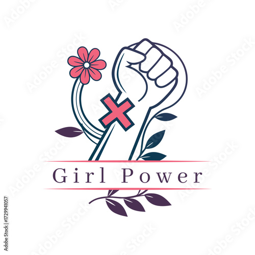 Feminist fist symbol with flower and leaves representing girl power and female strength