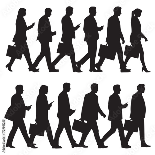 Silhouettes of Business People Walking and Looking at Smartphones