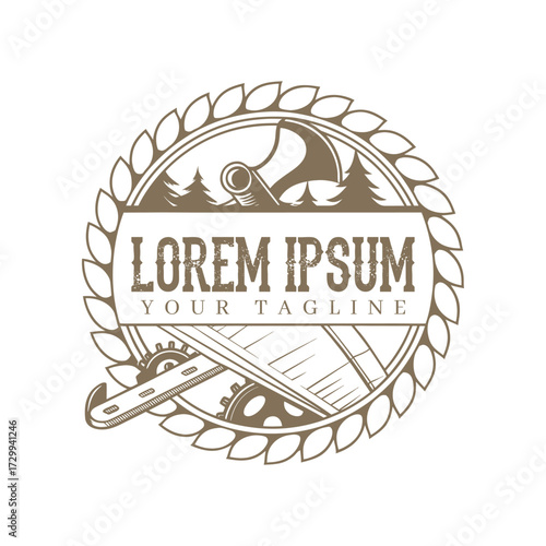 Rustic circular emblem featuring mountains trees and tools with lorem ipsum text