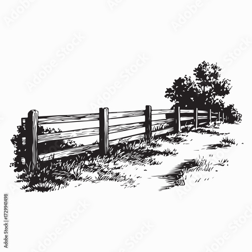 Rural Wooden Fence Farm Scene Vector Image Isolated on white background