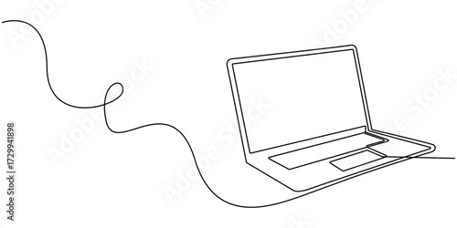 Minimalist laptop continuous one line drawing illustration, Single line drawing of laptop gadget isolated on white background. Vector illustration, One line drawing of laptop gadget.
