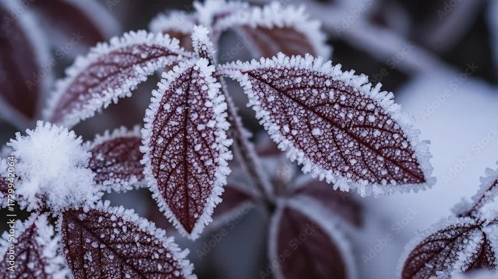 custom made wallpaper toronto digitalA captivating macro close-up reveals vibrant reddish-brown leaves intricately covered in a delicate layer of sparkling white frost. Each tiny ice crystal forms a beautiful, textured pattern along the 
