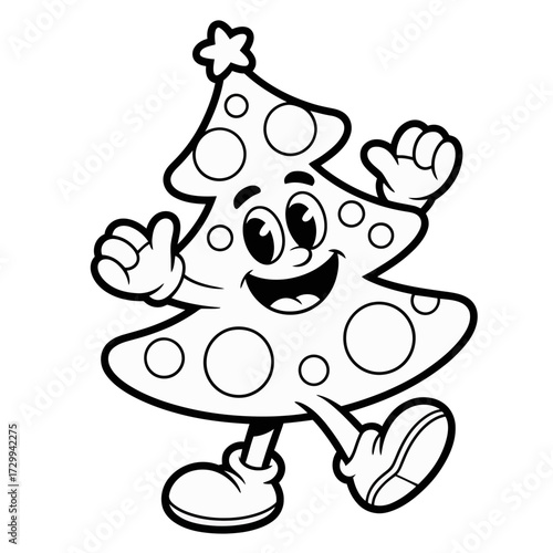 Dancing Christmas tree coloring page, happy cartoon tree character, cheerful holiday outline, printable activity sheet, kids vector