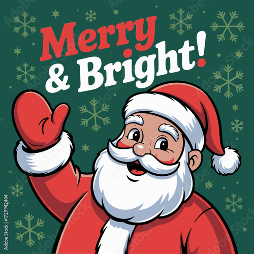 Merry and bright Santa portrait, smiling festive icon, vintage holiday poster style, classic Christmas greeting, vector illustration
