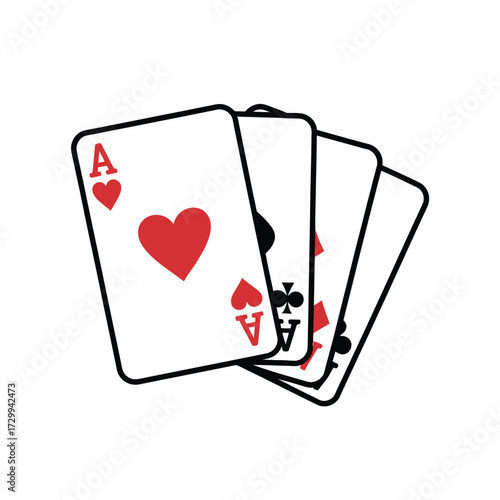 Four aces playing cards fanned out displaying symbols of luck and chance in gambling games illustration