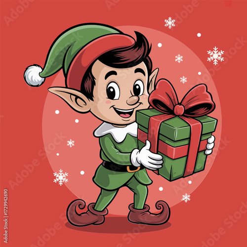 Christmas elf carrying present, cute helper character inside circle, festive gift box, holiday celebration design, vector illustration