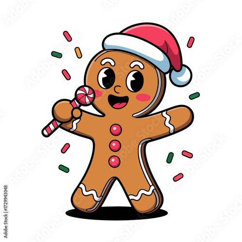 Gingerbread cookie performer, holiday hat and candy cane, dancing pose, fun Christmas party design, cheerful vector artwork