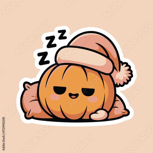Cute sleeping pumpkin character wearing a santa hat on pillows cozy halloween fall autumn zzz illustration