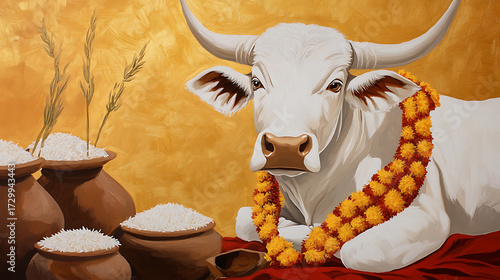 White Cow with Floral Garland: Serene illustration of a white cow adorned with a vibrant garland, set against a golden backdrop with rice filled pots.
