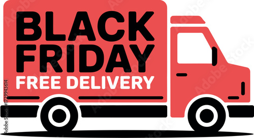 Black friday free delivery truck advertisement in red and black colors