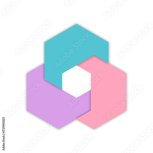 Abstract hexagon Venn chart with intersecting shapes. Minimalist infographic diagram isolated on white background, suitable for report, study, and visualization.