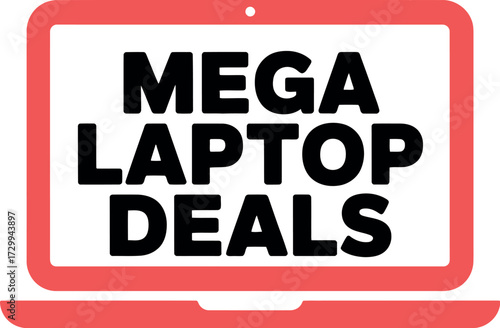 Illustration of a red laptop with mega laptop deals text inside it