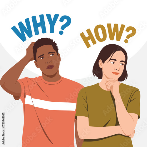Diverse young adults ponder critical questions with "why" and "how" speech bubbles above their heads seeking answers illustration