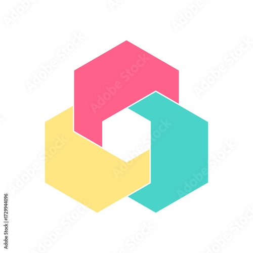 Hexagon Venn diagram with three overlapping shapes. Modern infographic chart isolated on white background for business, education, and data analysis.