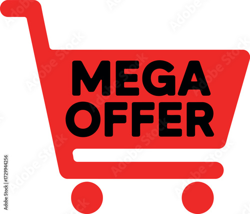 Red shopping cart with mega offer text in black color on white background