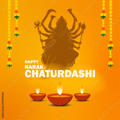 Happy Naraka Chaturdashi Greeting with Goddess Kali Silhouette and Decorative Diyas