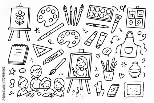 Hand-drawn Doodle Style Vector Set of Art Room Elements, Black Outline Sketch Illustrations, Ideal for Both Digital and Print Use
