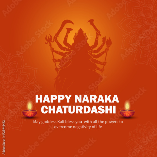 Happy Naraka Chaturdashi Festival Greeting with Goddess Kali Silhouette and Diyas