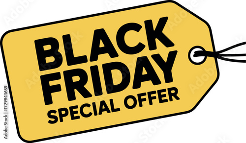 A yellow tag with black friday special offer text on a white background