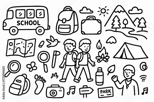 Hand-drawn Doodle Style Vector Set of Field Trip Elements, Black Outline Sketch Illustrations, Ideal for Both Digital and Print Use
