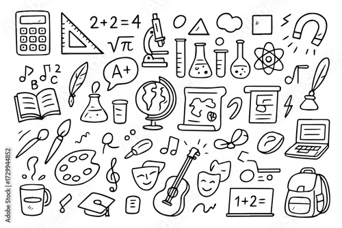 Hand-drawn Doodle Style Vector Set of Learning and School Subjects, Black Outline Sketch Illustrations, Ideal for Both Digital and Print Use
