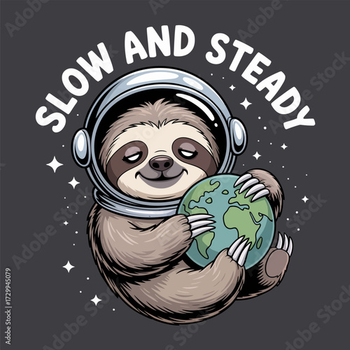 sloth astronaut hugging earth, slow and steady theme, space helmet, stars background, motivational cosmic character, adorable vector illustration
