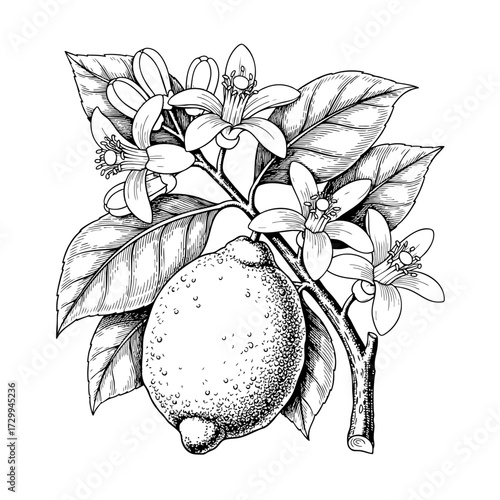 Lemon fruit on a branch with leaves and flowers. Vector black and white sketch-style drawing. Hand-drawn citrus image in retro engraving style for packaging and design. Vintage line art.