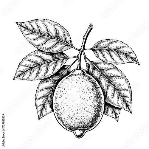 Lemon fruit on a branch with leaves. Vector black and white sketch-style drawing. Hand-drawn citrus image in retro engraving style for packaging and design. Vintage line art.