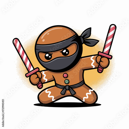 masked ninja with candy canes, action pose, festive sugar fighter, cheerful cartoon mascot, colorful party vibe, vector graphic