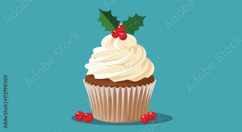 A festive Christmas cupcake with swirling cream frosting topped with holly and red berries.